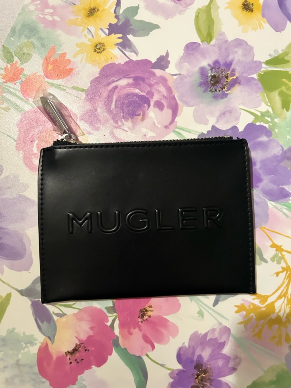 Mugler Black Embossed Leather Zip Pouch